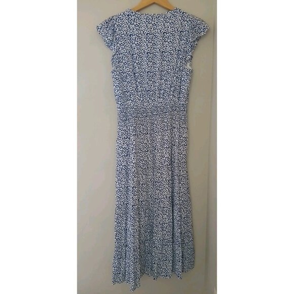 Sail to Sable Flutter Sleeve Midi Dress Size Medium Blue White Animal Print - Picture 6 of 9